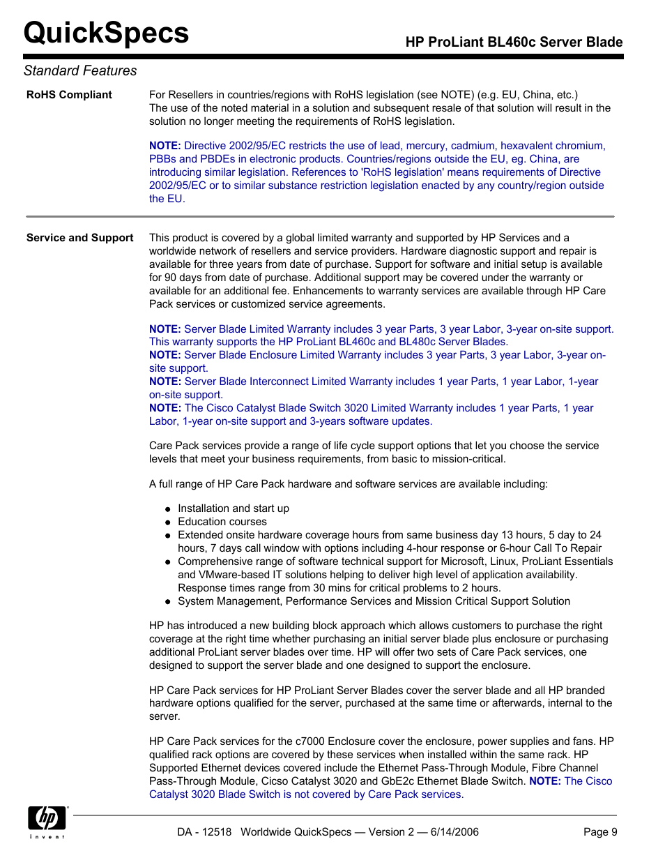 Quickspecs | HP ProLiant BL460c User Manual | Page 9 / 30