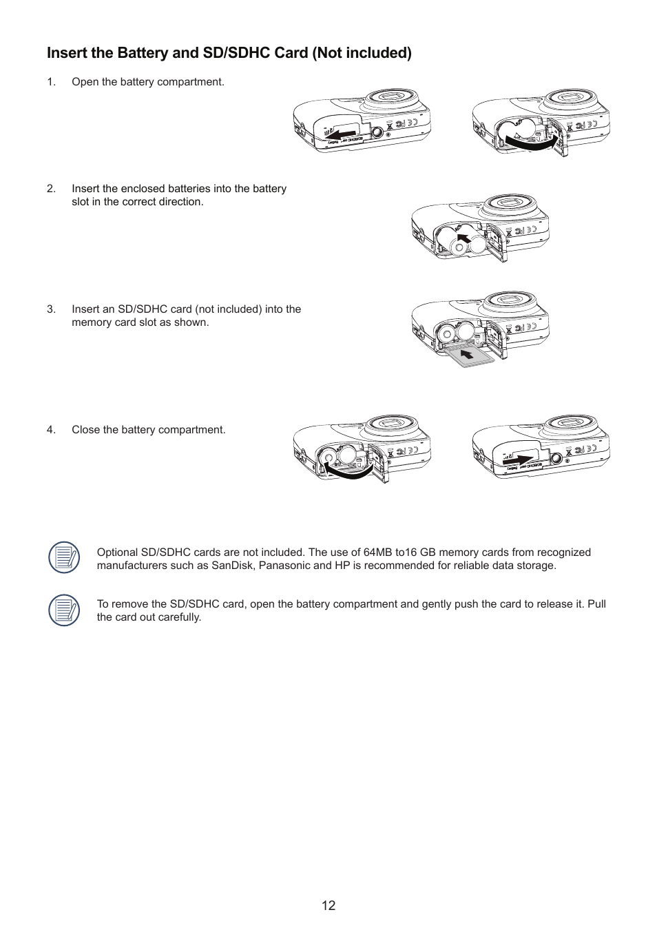 Insert the battery and sd/sdhc card (not included) | HP CC330 User Manual | Page 14 / 47