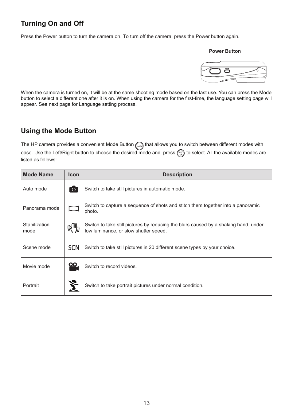 Turning on and off, Using the mode button | HP CC330 User Manual | Page 15 / 47