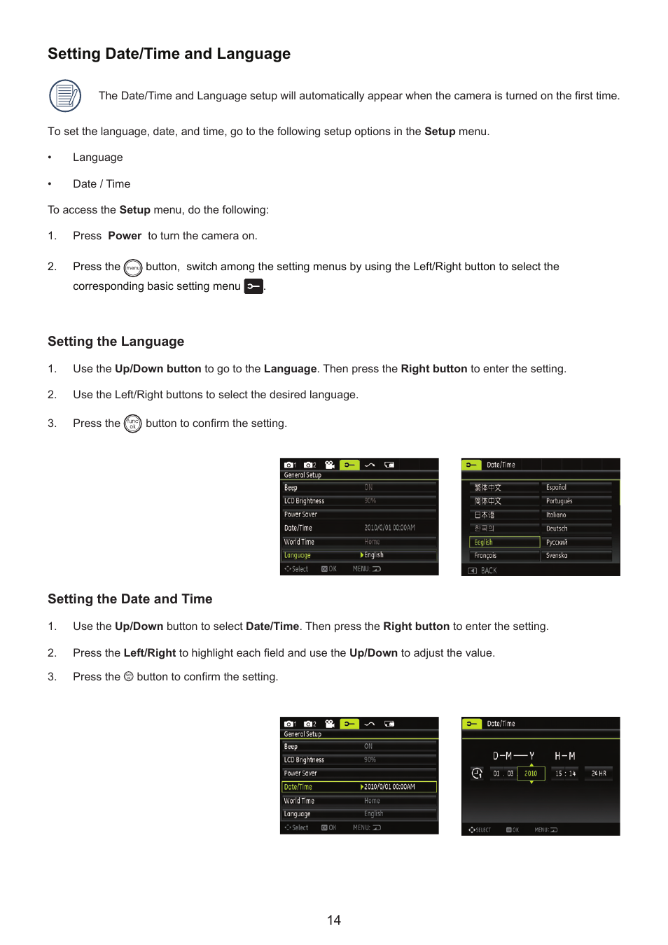 Setting date/time and language | HP CC330 User Manual | Page 16 / 47