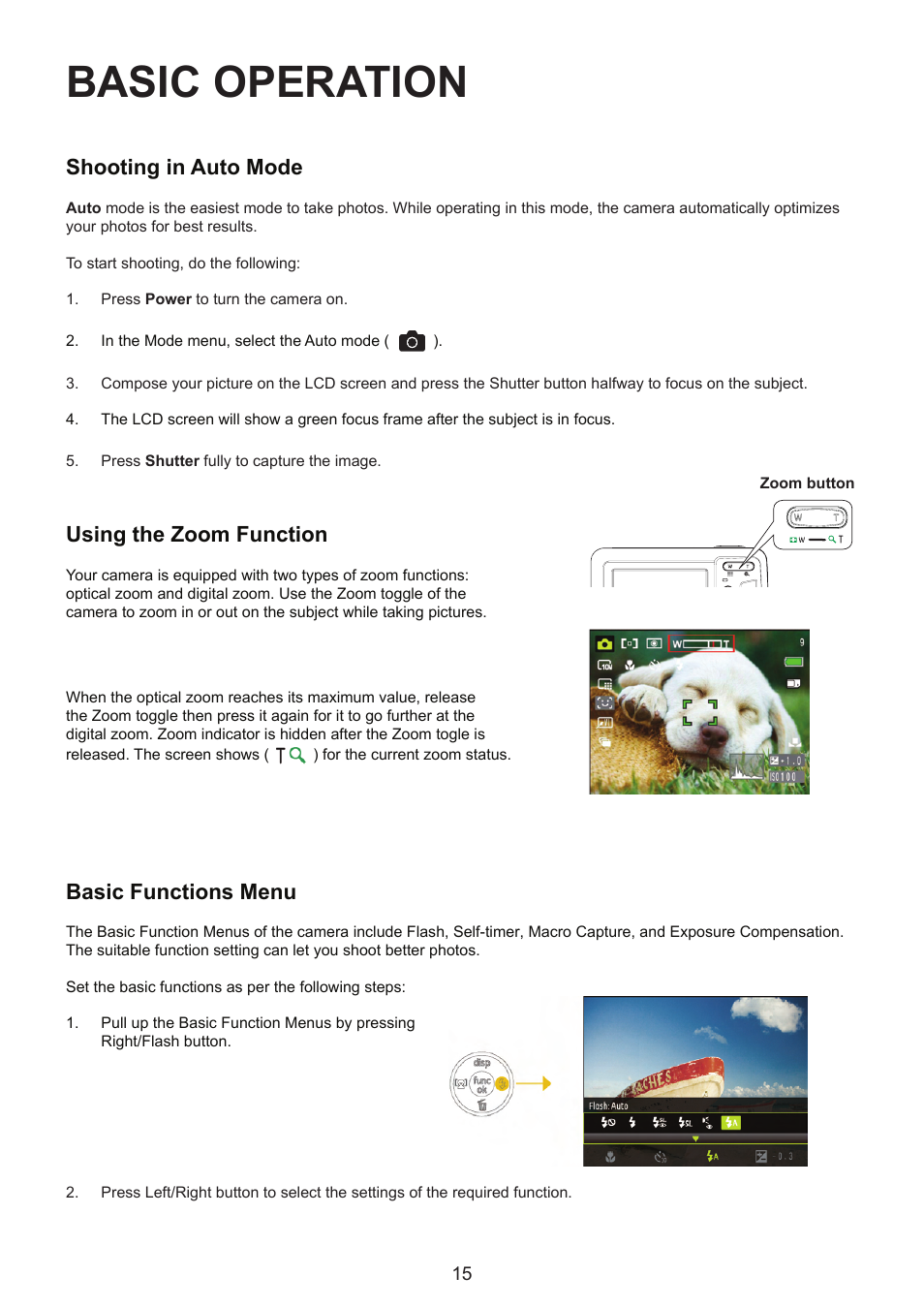 Basic operation, Shooting in auto mode, Using the zoom function | Basic functions menu | HP CC330 User Manual | Page 17 / 47