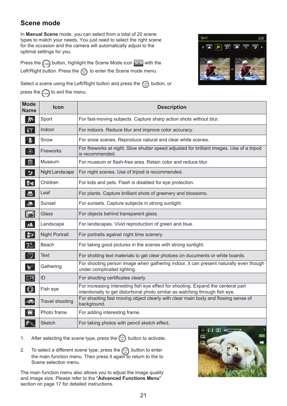 Scene mode | HP CC330 User Manual | Page 23 / 47