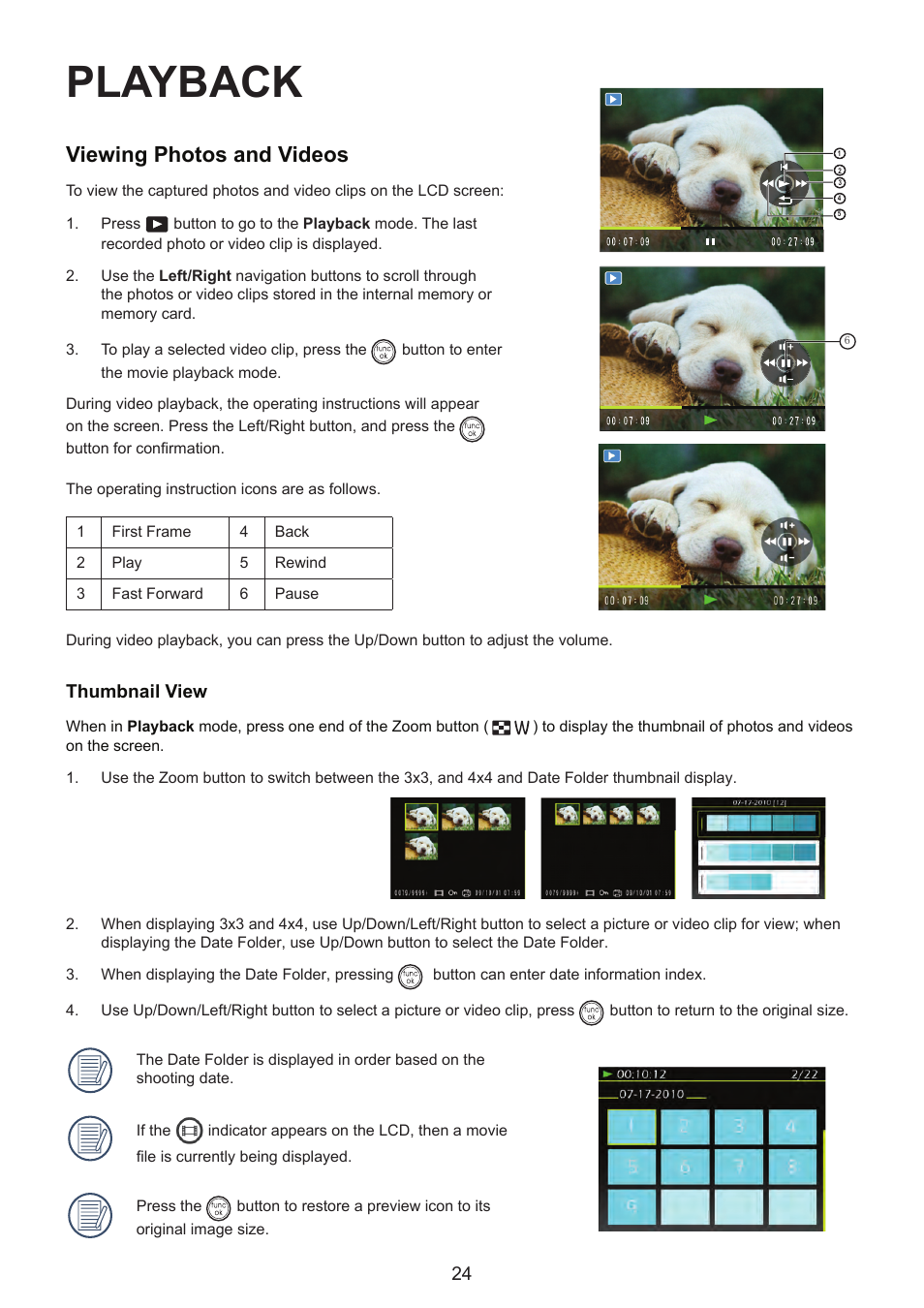 Playback, Viewing photos and videos | HP CC330 User Manual | Page 26 / 47