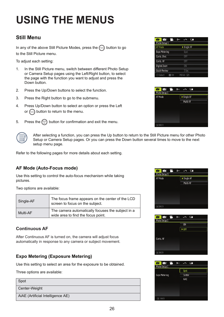 Using the menus, Still menu | HP CC330 User Manual | Page 28 / 47