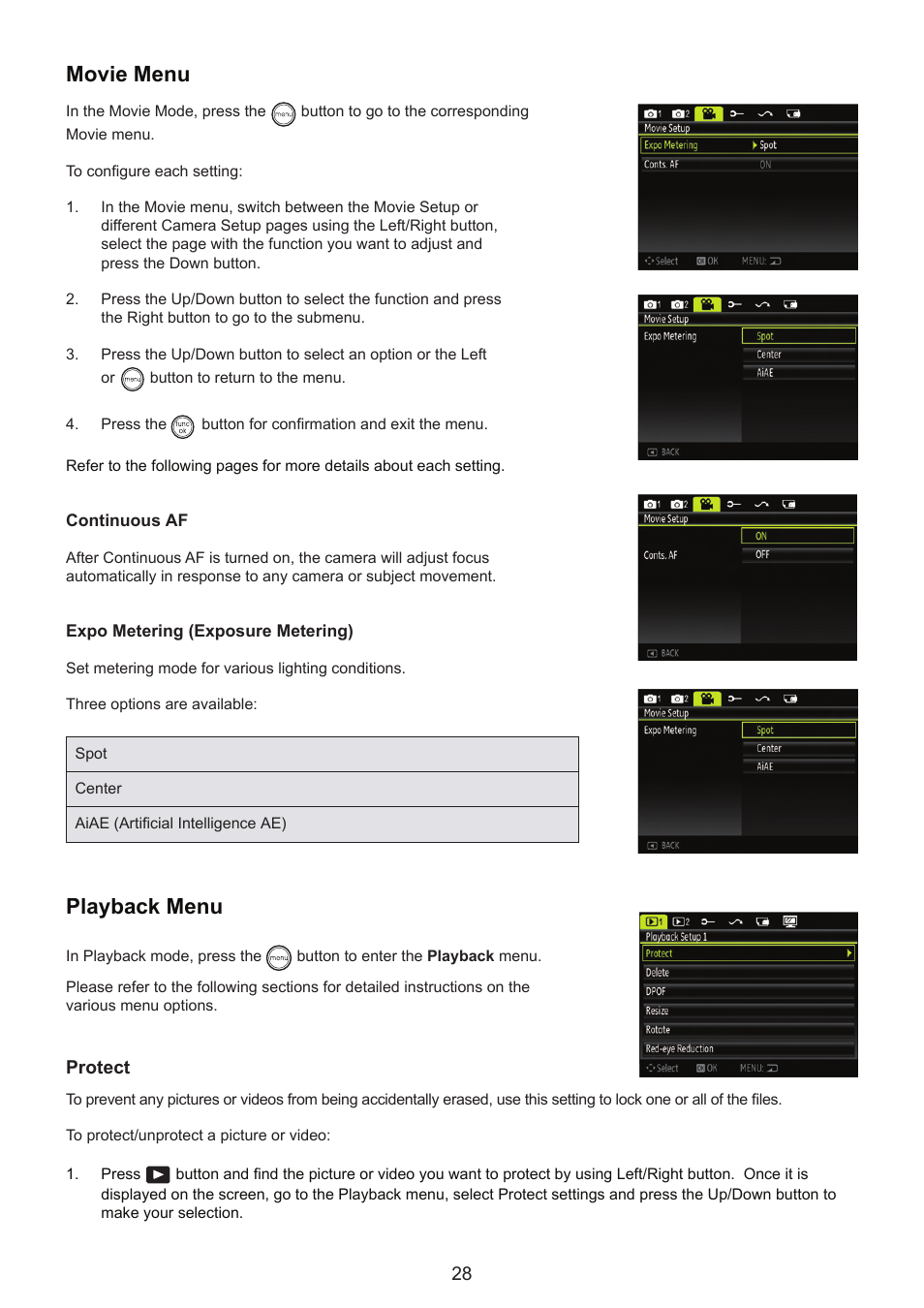 Movie menu, Playback menu | HP CC330 User Manual | Page 30 / 47