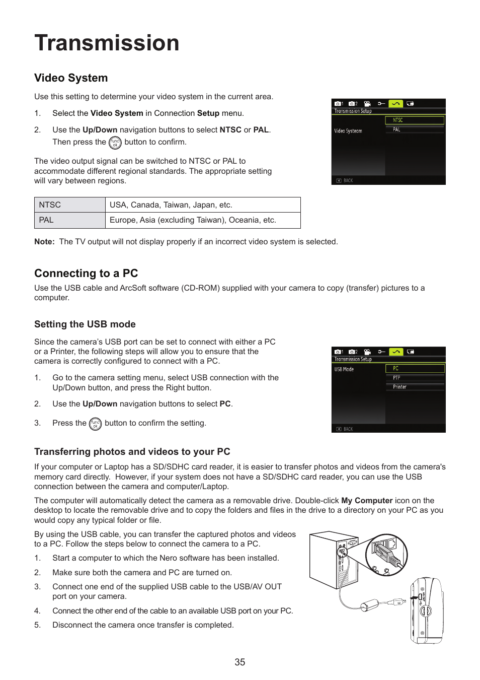 Transmission, Video system, Connecting to a pc | HP CC330 User Manual | Page 37 / 47