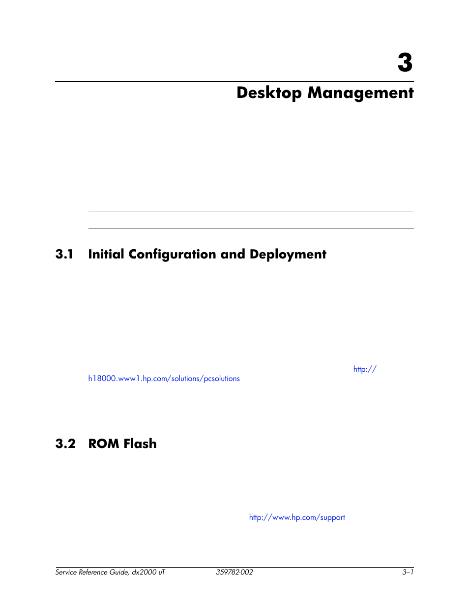 Desktop management, 1 initial configuration and deployment, 2 rom flash | 3 desktop management, Re continuing. refer to chapter 3, Section 3.1, “initial, Configuration and deployment | HP DX2000 User Manual | Page 19 / 106