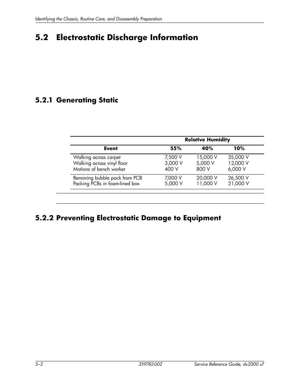 2 electrostatic discharge information, 1 generating static, 2 preventing electrostatic damage to equipment | 2 electrostatic discharge information –2 | HP DX2000 User Manual | Page 36 / 106