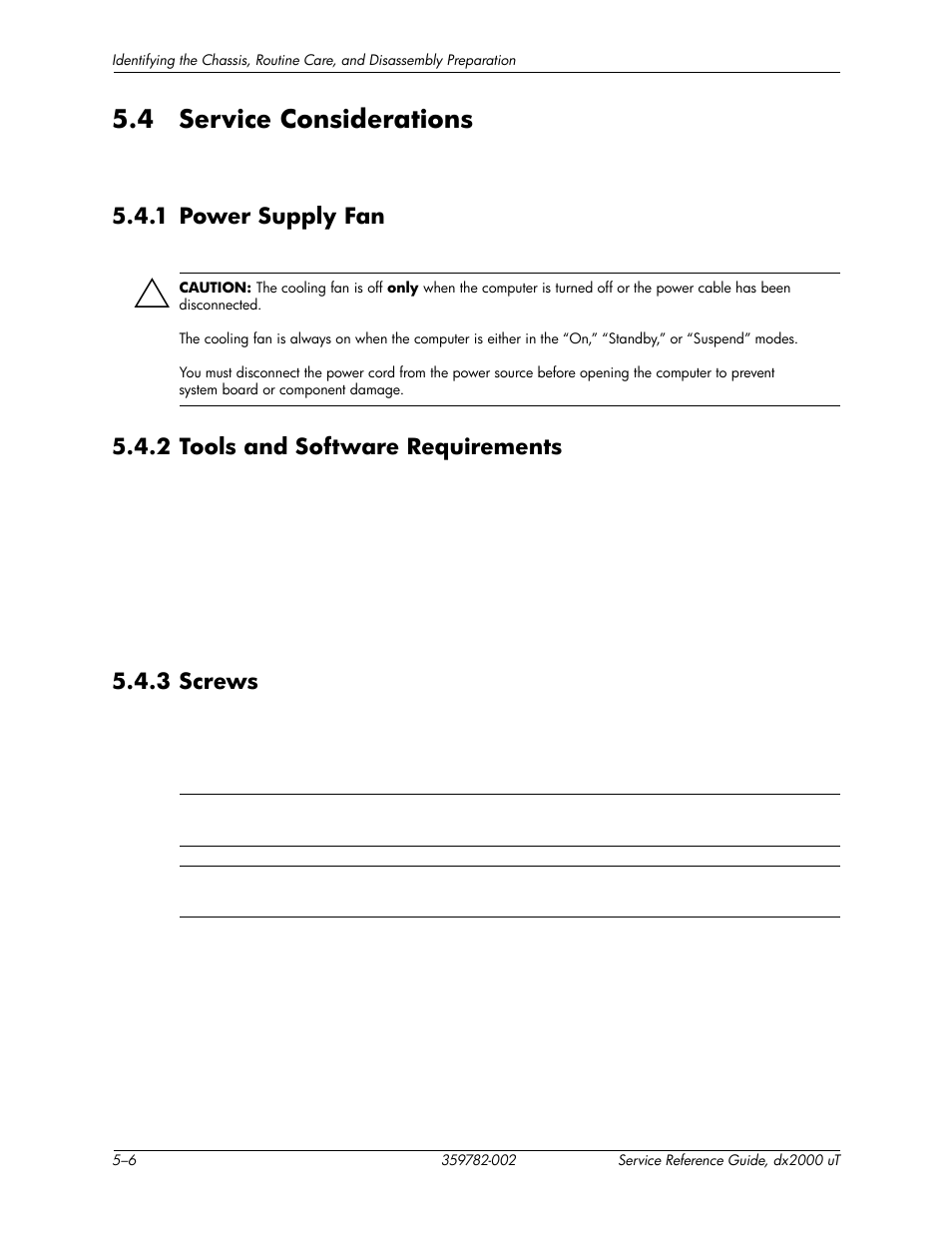 4 service considerations, 1 power supply fan, 2 tools and software requirements | 3 screws, 4 service considerations –6 | HP DX2000 User Manual | Page 40 / 106