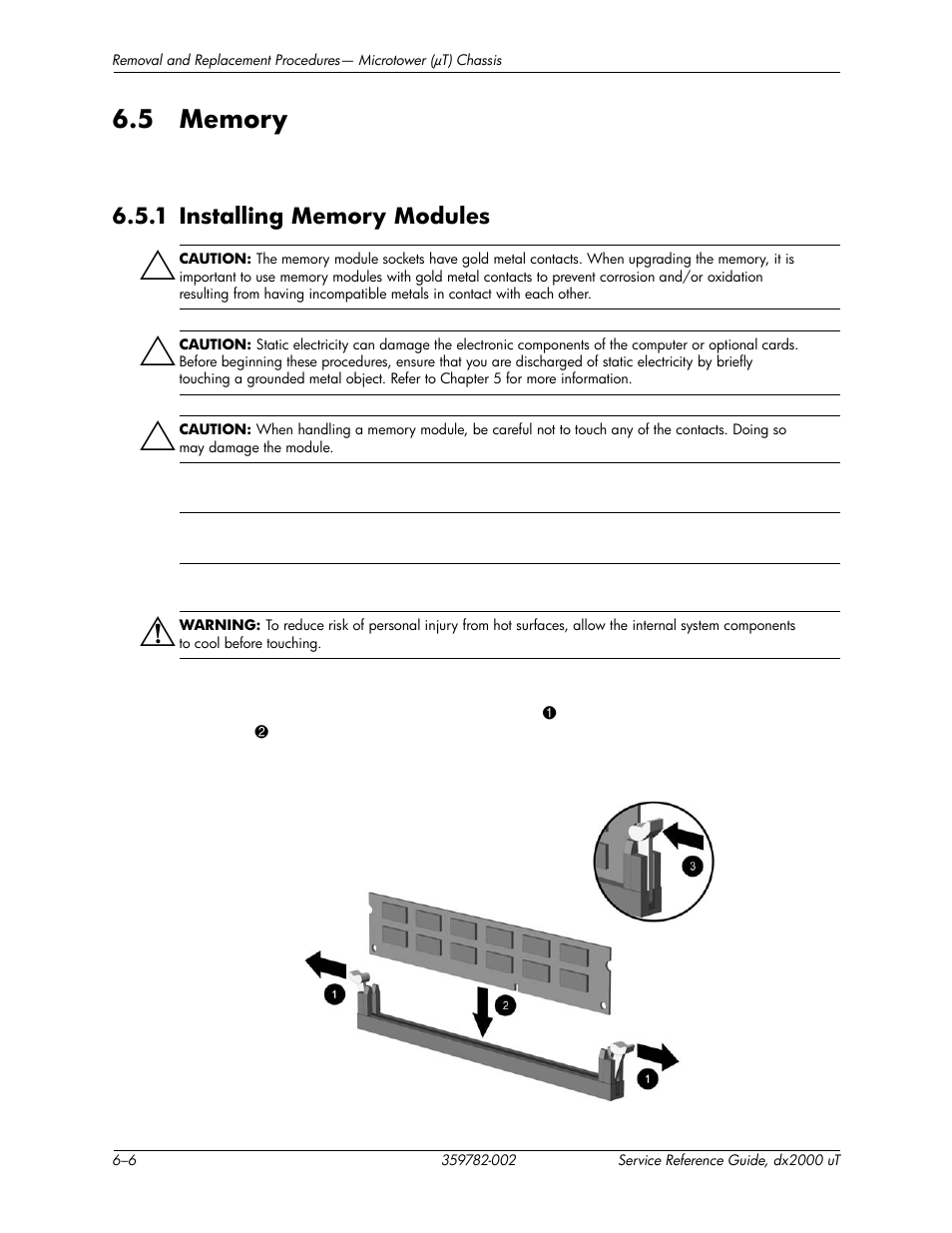 5 memory, 1 installing memory modules, 5 memory –6 | 1 installing memory modules –6 | HP DX2000 User Manual | Page 48 / 106