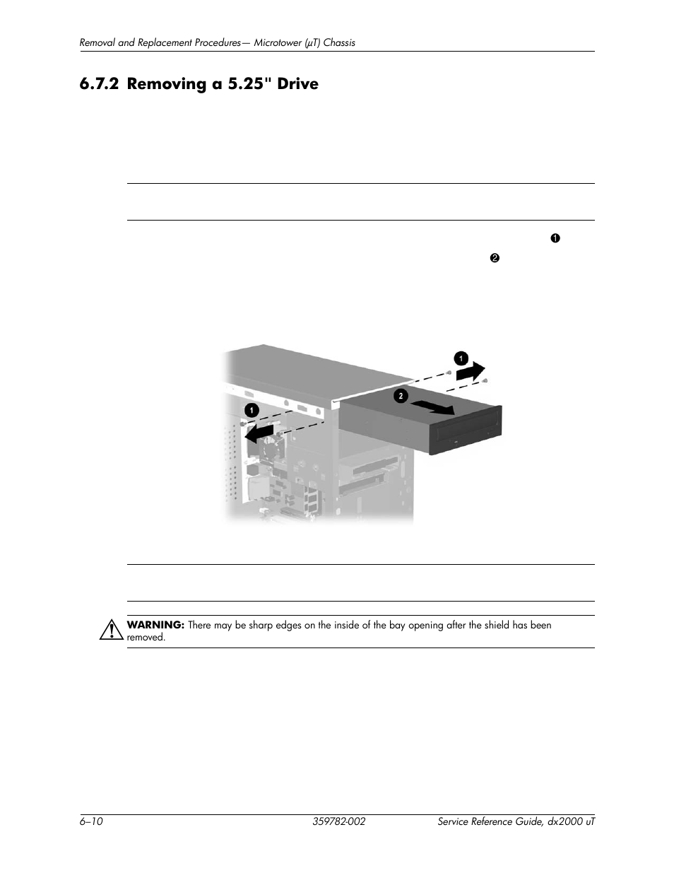 2 removing a 5.25" drive, 2 removing a 5.25" drive –10 | HP DX2000 User Manual | Page 52 / 106