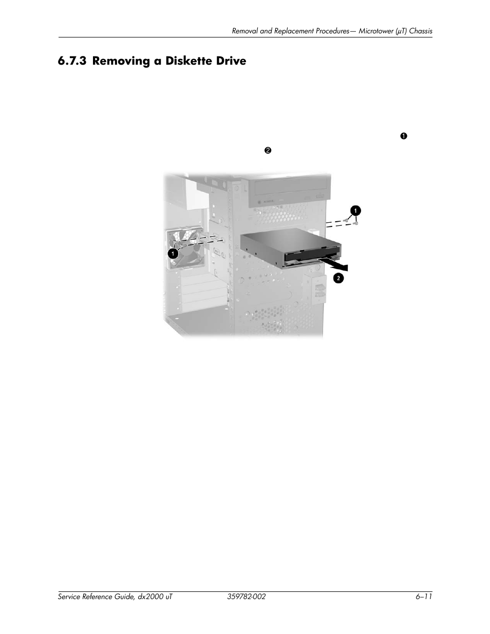 3 removing a diskette drive, 3 removing a diskette drive –11 | HP DX2000 User Manual | Page 53 / 106