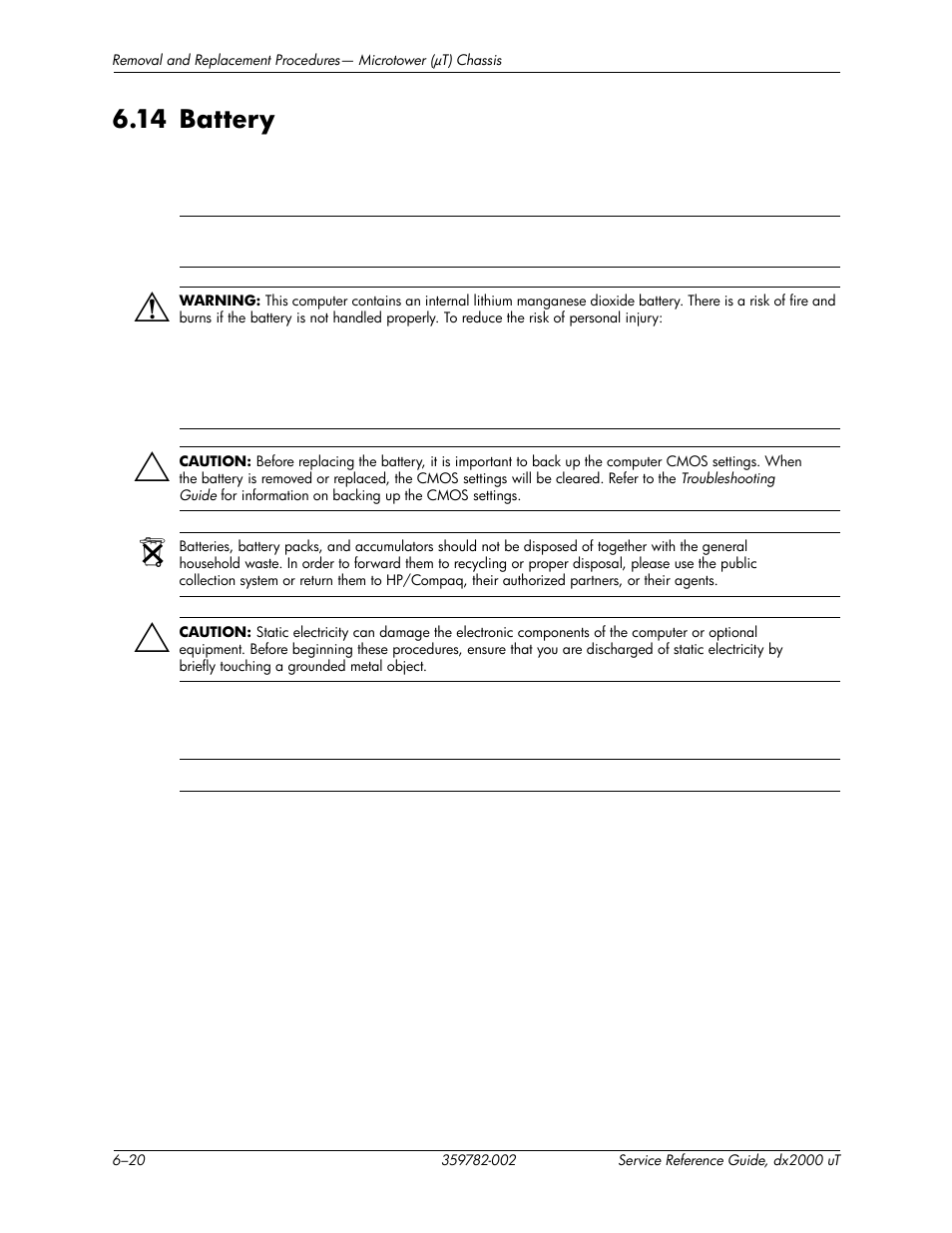 14 battery, 14battery –20 | HP DX2000 User Manual | Page 62 / 106