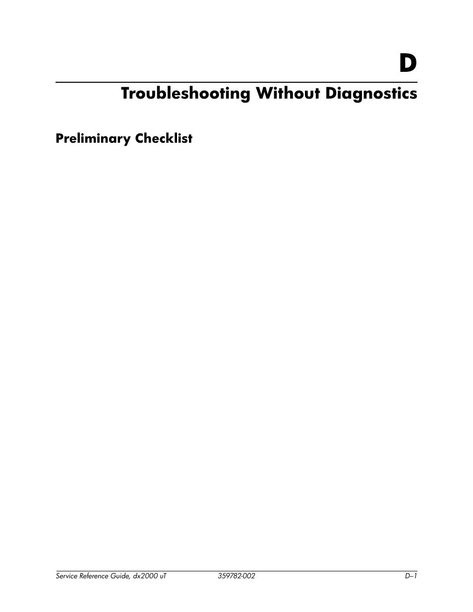 Troubleshooting without diagnostics, D troubleshooting without diagnostics, Preliminary checklist | HP DX2000 User Manual | Page 75 / 106