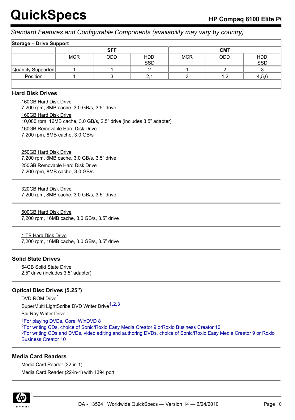 Quickspecs | HP ELITE 8100 User Manual | Page 10 / 54