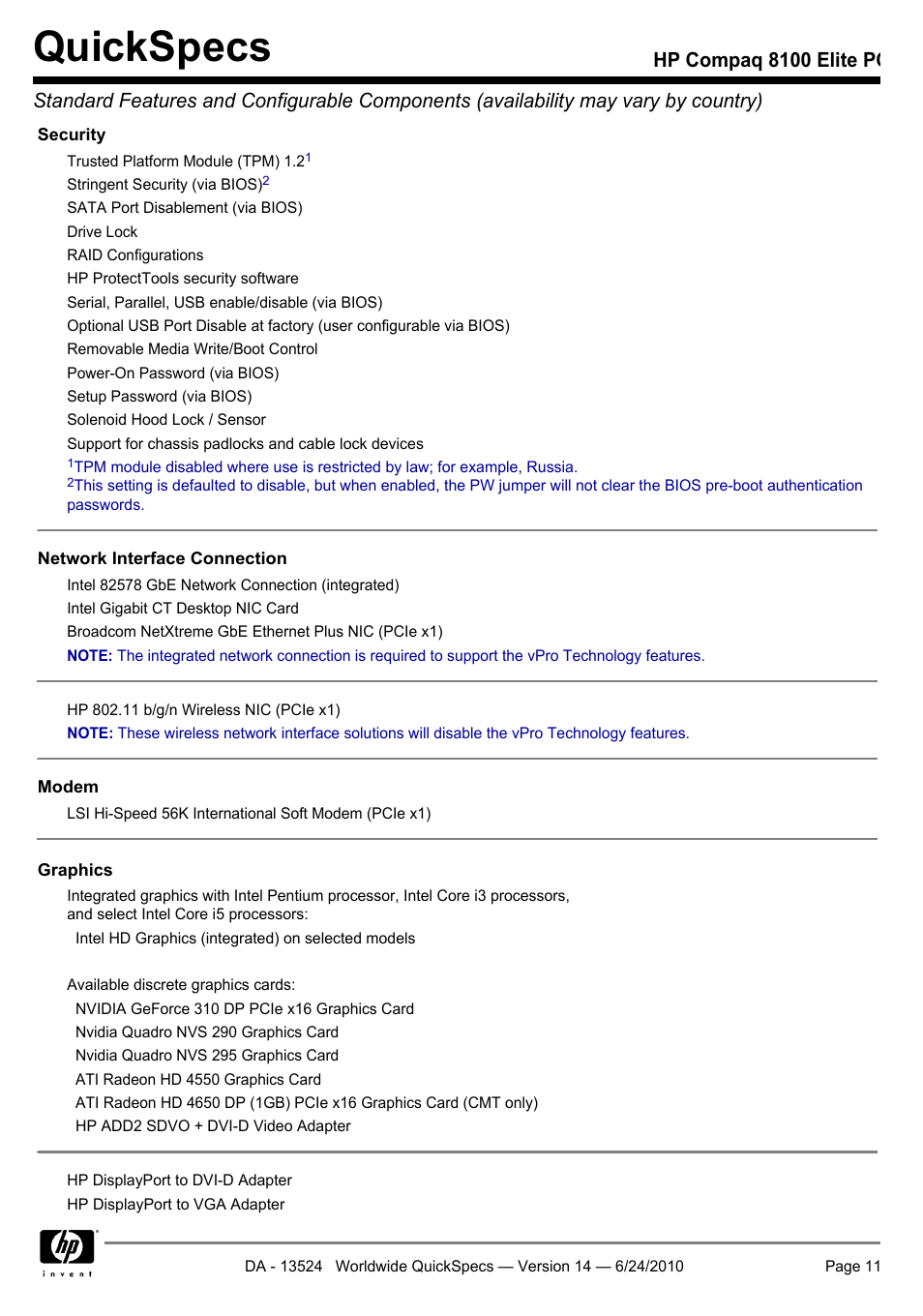 Quickspecs | HP ELITE 8100 User Manual | Page 11 / 54