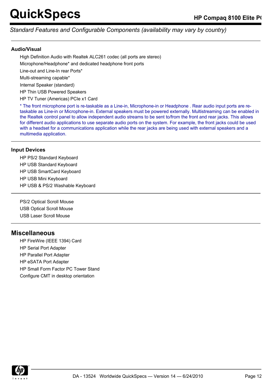 Quickspecs, Miscellaneous | HP ELITE 8100 User Manual | Page 12 / 54