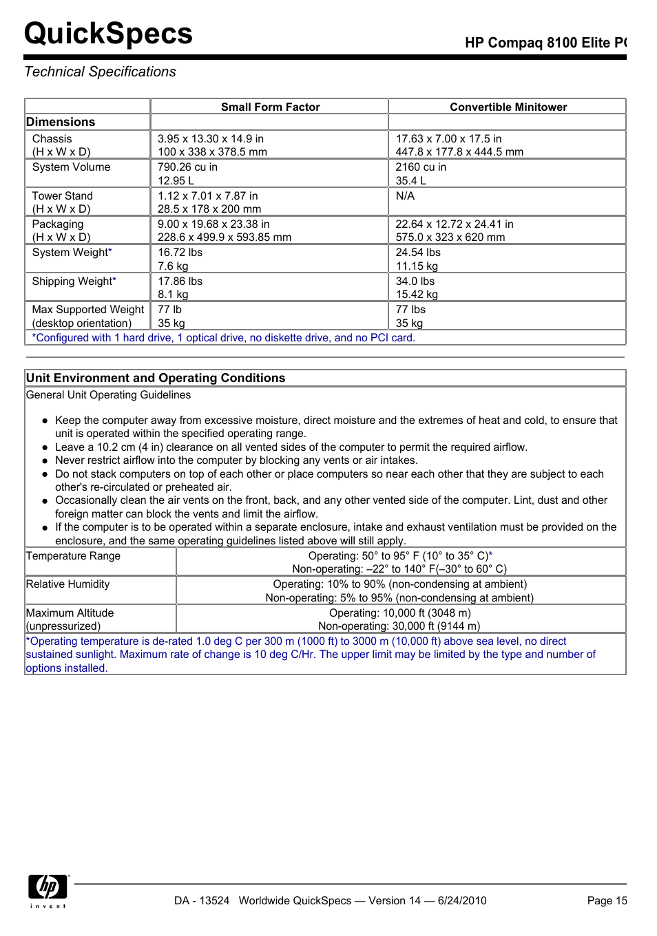 Technical specifications, Quickspecs, Hp compaq 8100 elite pc technical specifications | HP ELITE 8100 User Manual | Page 15 / 54