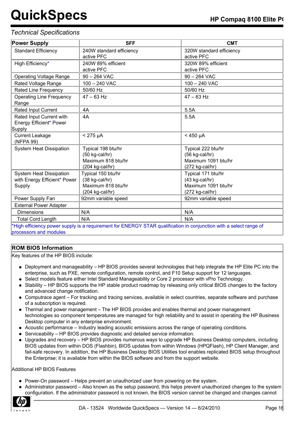 Quickspecs, Hp compaq 8100 elite pc technical specifications | HP ELITE 8100 User Manual | Page 16 / 54