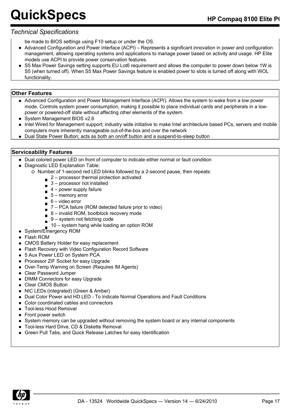 Quickspecs | HP ELITE 8100 User Manual | Page 17 / 54