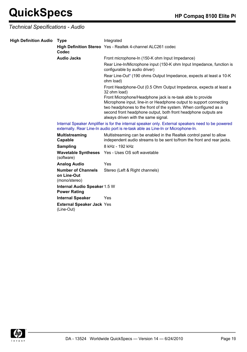 Technical specifications - audio, Quickspecs | HP ELITE 8100 User Manual | Page 19 / 54