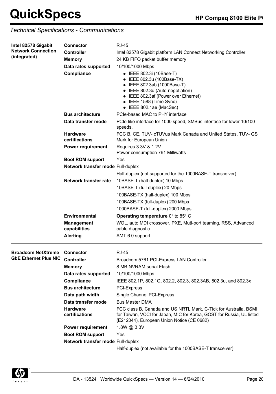 Technical specifications - communications, Quickspecs | HP ELITE 8100 User Manual | Page 20 / 54