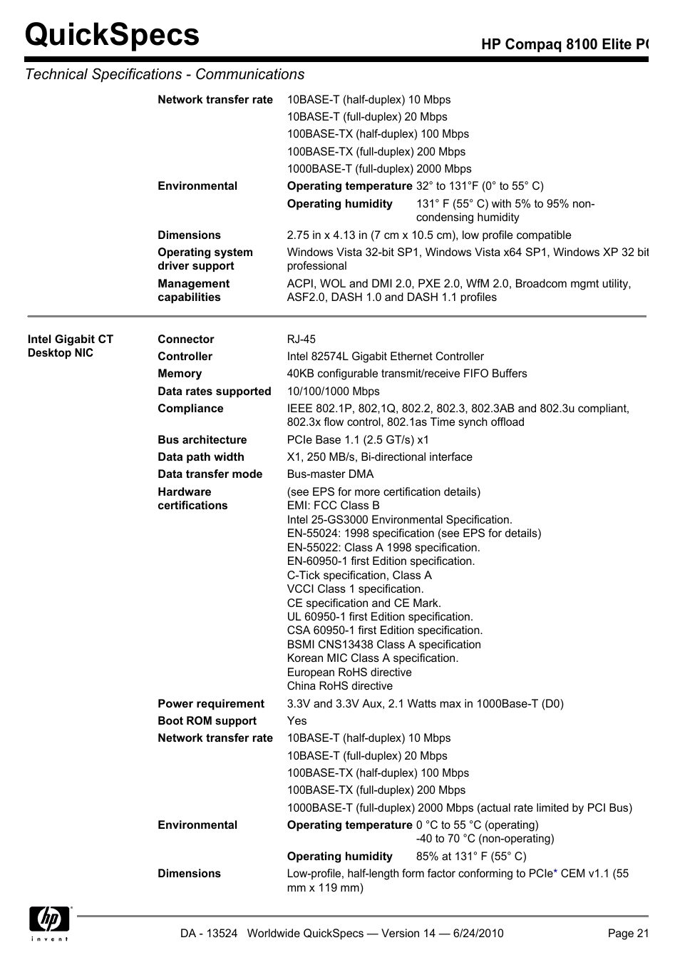 Quickspecs | HP ELITE 8100 User Manual | Page 21 / 54