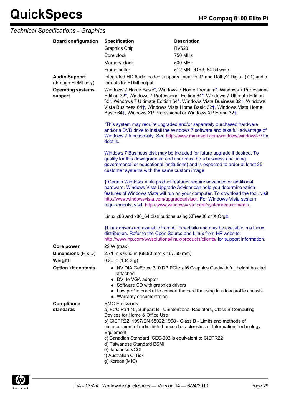 Quickspecs | HP ELITE 8100 User Manual | Page 29 / 54