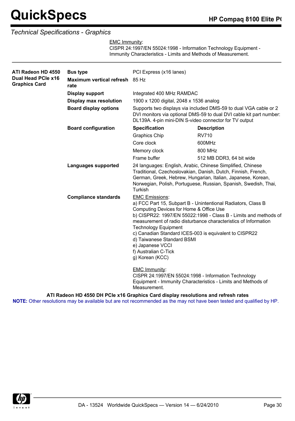 Quickspecs | HP ELITE 8100 User Manual | Page 30 / 54
