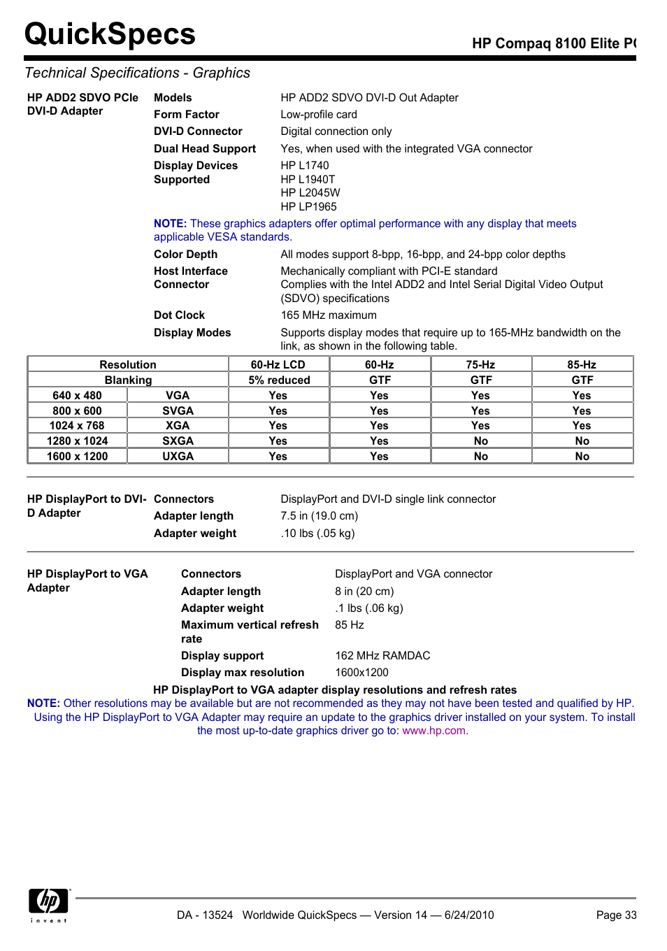 Quickspecs | HP ELITE 8100 User Manual | Page 33 / 54