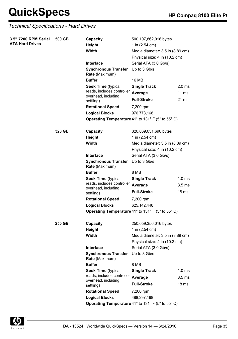 Technical specifications - hard drives, Quickspecs | HP ELITE 8100 User Manual | Page 35 / 54
