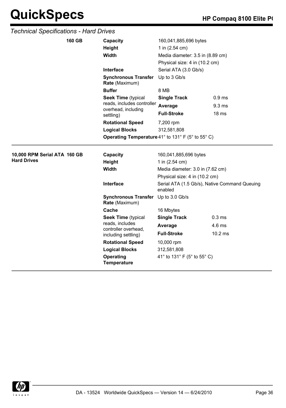 Quickspecs | HP ELITE 8100 User Manual | Page 36 / 54