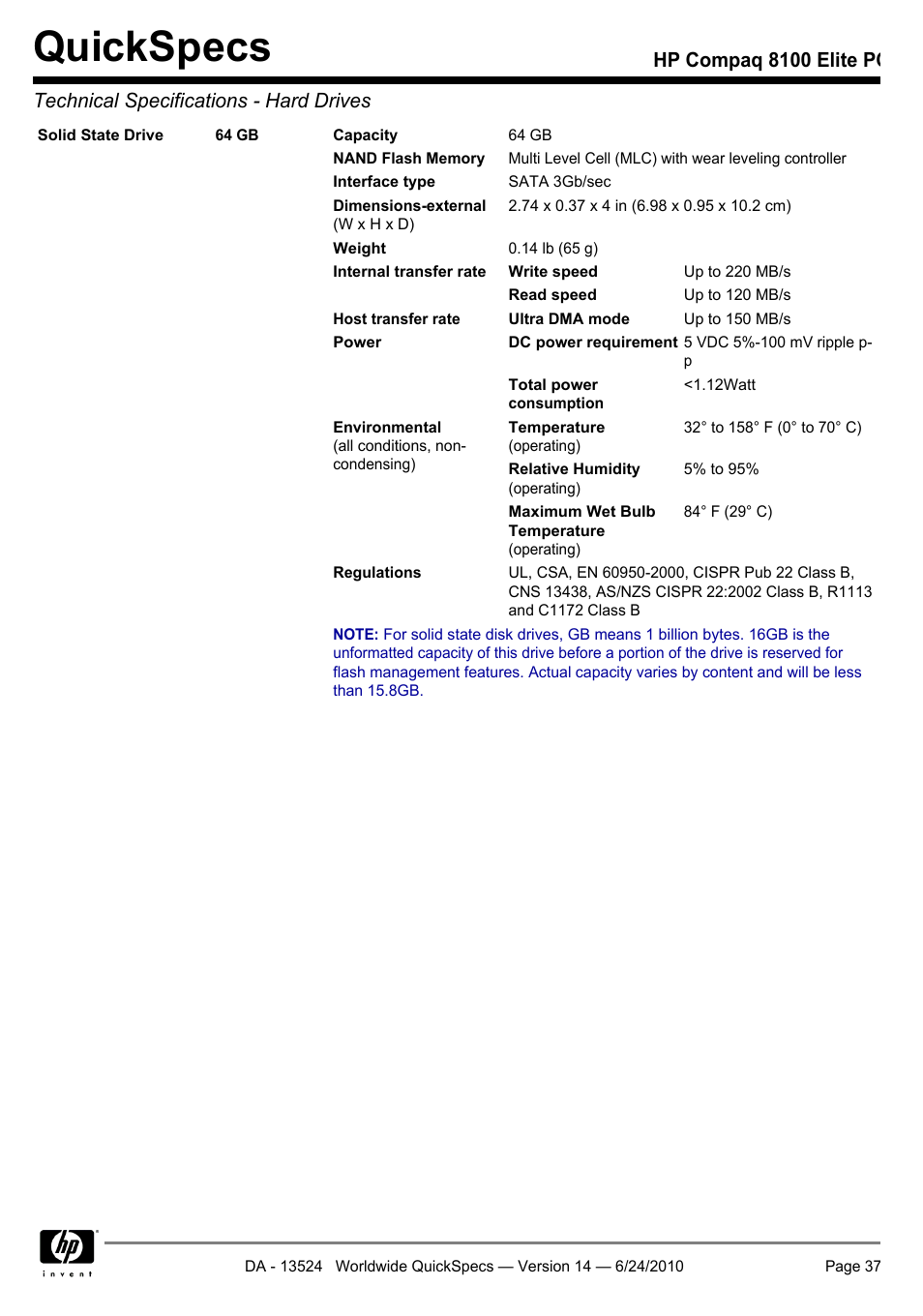 Quickspecs | HP ELITE 8100 User Manual | Page 37 / 54