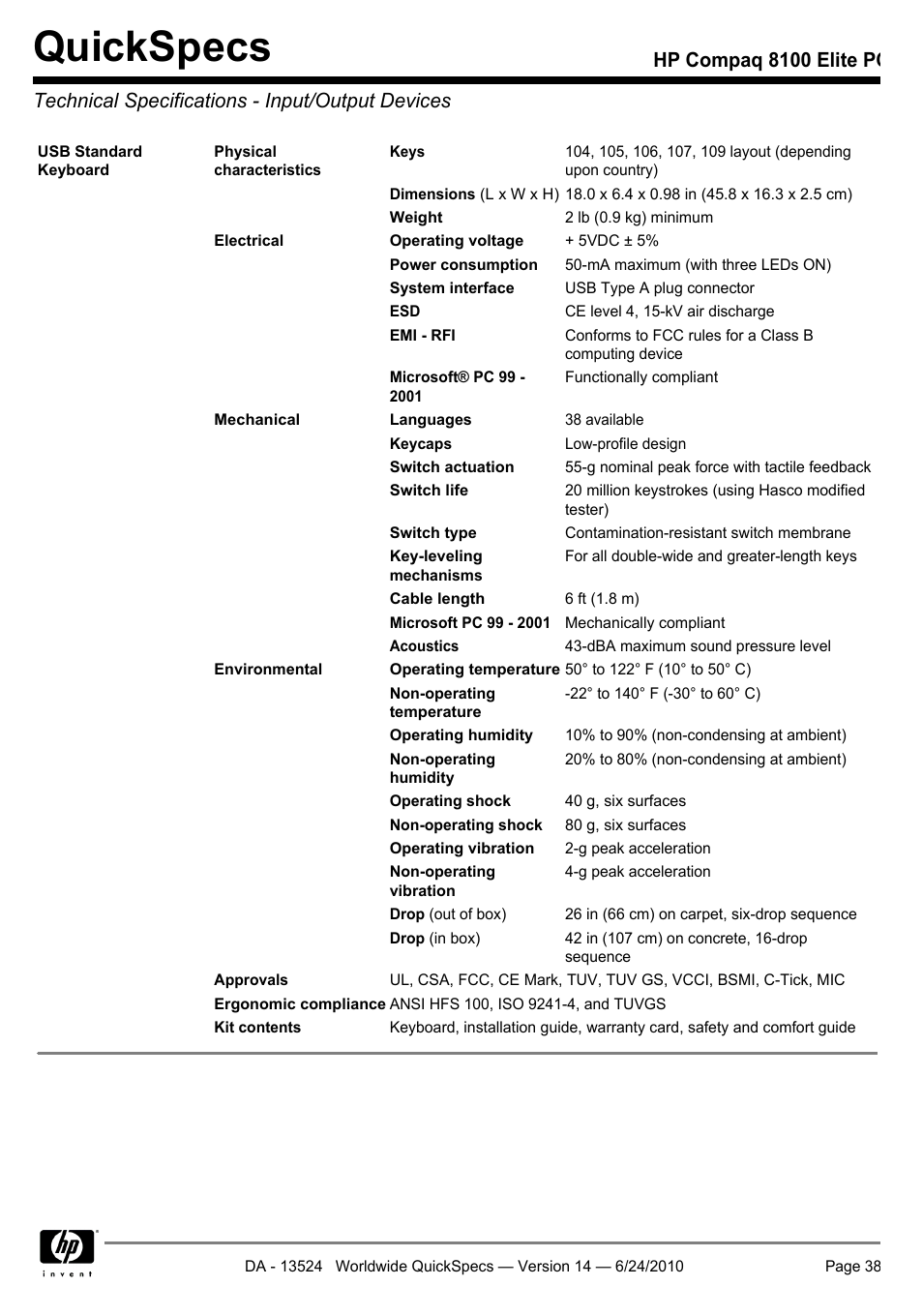 Technical specifications - input/output devices, Quickspecs | HP ELITE 8100 User Manual | Page 38 / 54