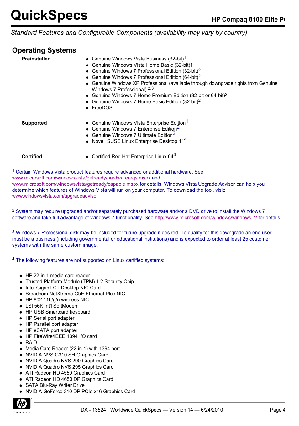 Quickspecs, Operating systems | HP ELITE 8100 User Manual | Page 4 / 54