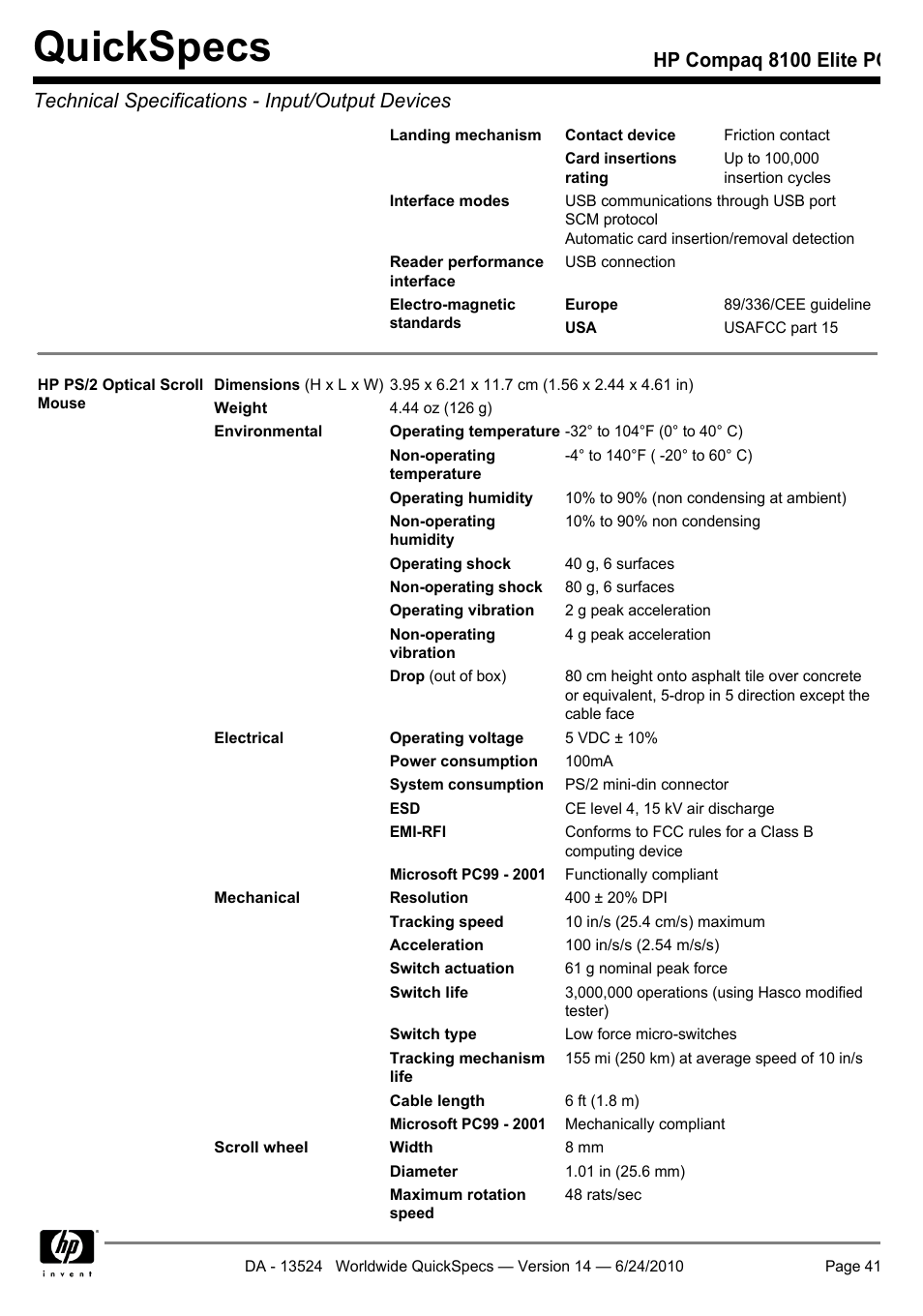 Quickspecs | HP ELITE 8100 User Manual | Page 41 / 54