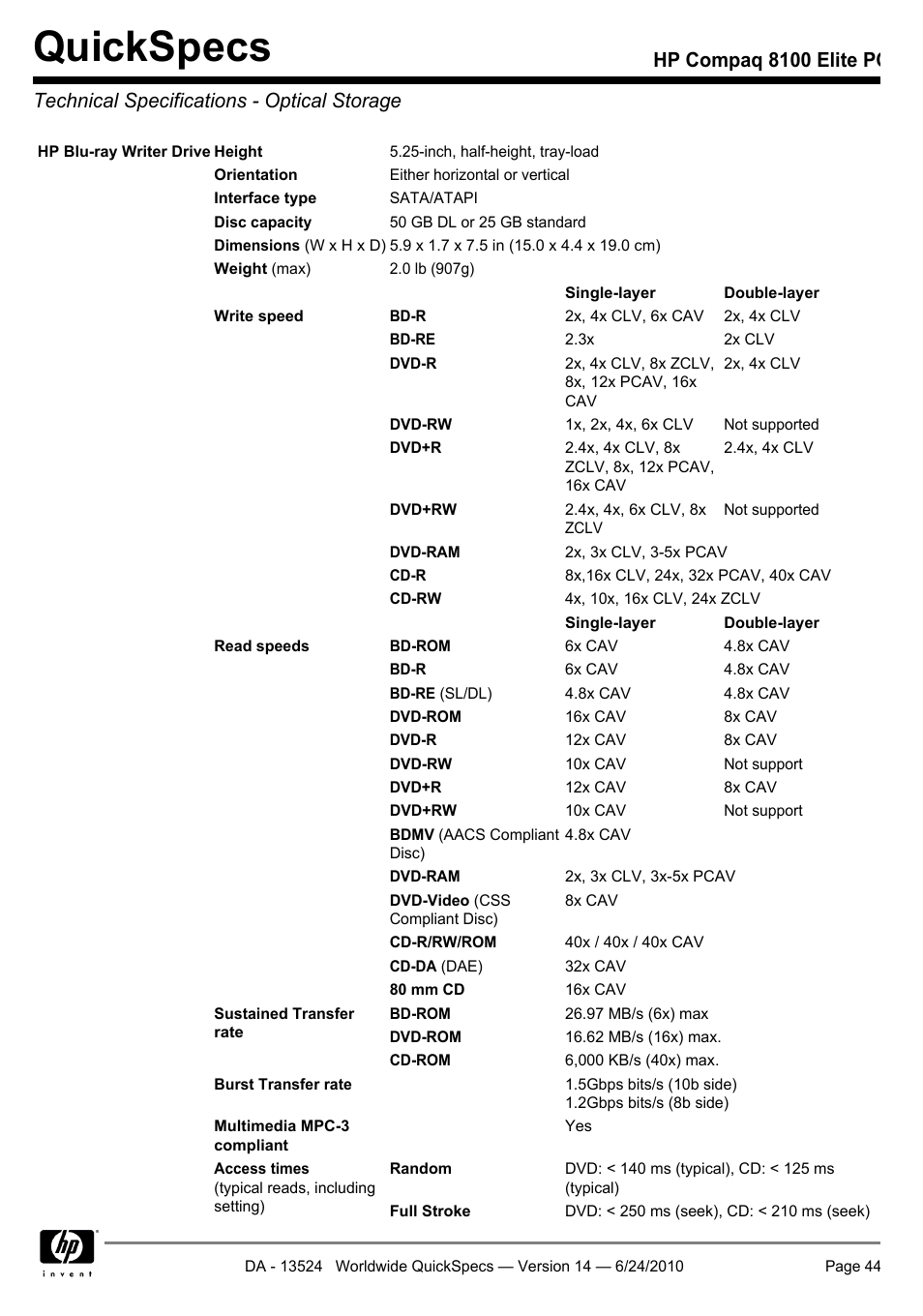 Technical specifications - optical storage, Quickspecs | HP ELITE 8100 User Manual | Page 44 / 54