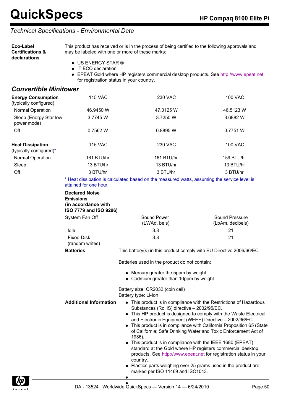 Technical specifications - environmental data, Quickspecs, Convertible minitower | HP ELITE 8100 User Manual | Page 50 / 54