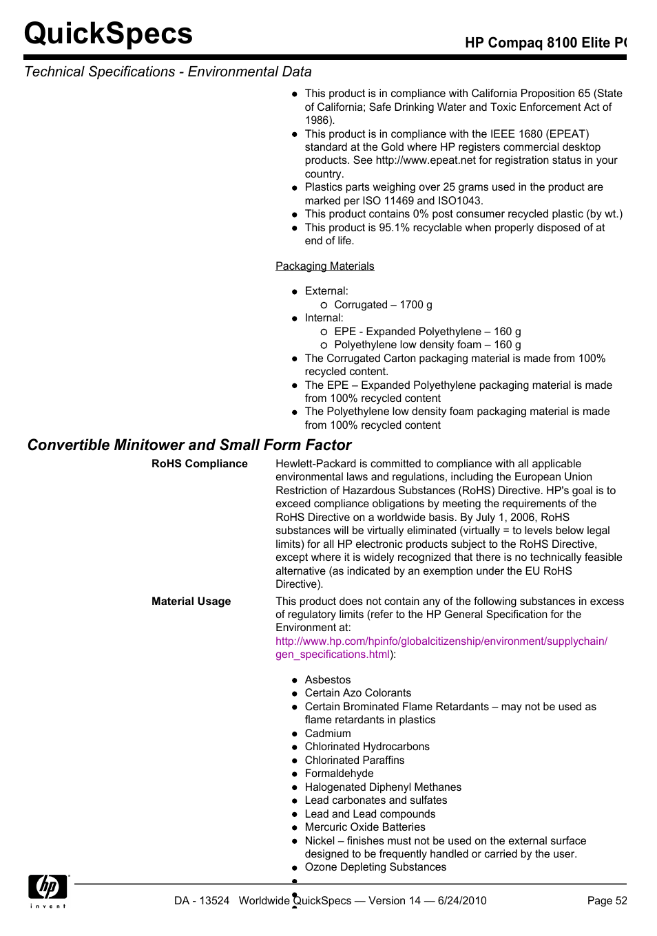 Quickspecs, Convertible minitower and small form factor | HP ELITE 8100 User Manual | Page 52 / 54