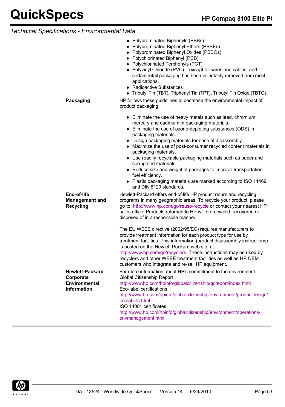 Quickspecs | HP ELITE 8100 User Manual | Page 53 / 54