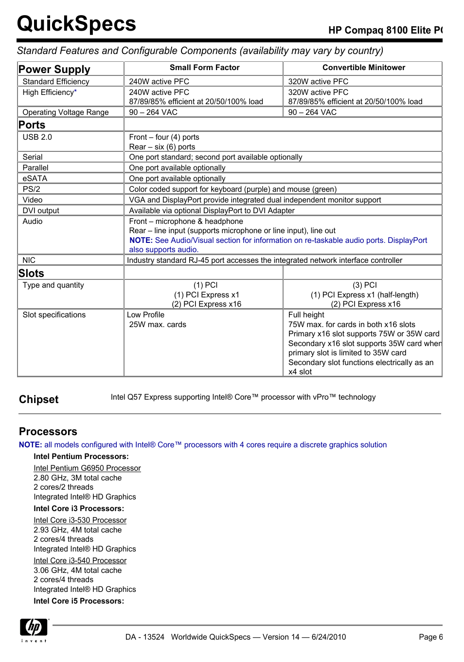 Quickspecs, Power supply, Ports | Slots, Chipset, Processors | HP ELITE 8100 User Manual | Page 6 / 54