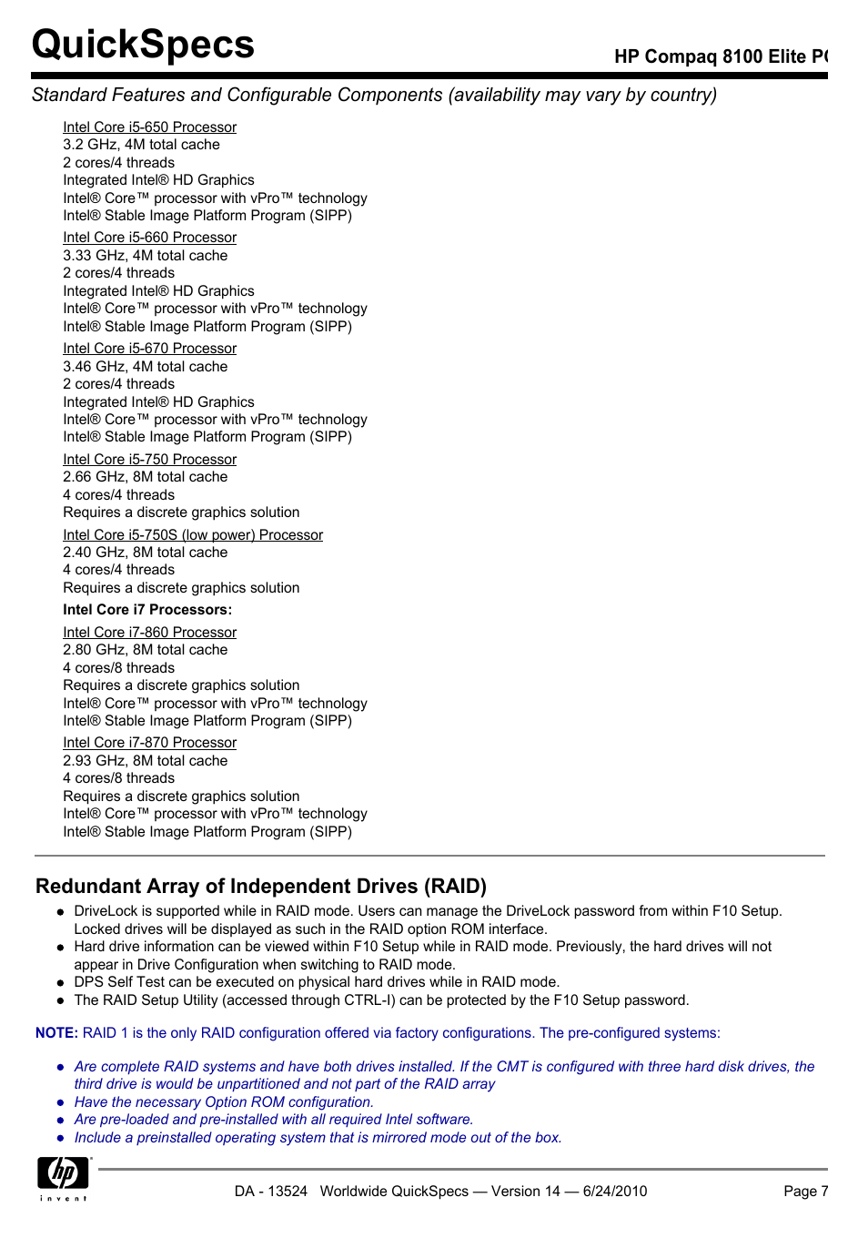 Quickspecs, Redundant array of independent drives (raid) | HP ELITE 8100 User Manual | Page 7 / 54