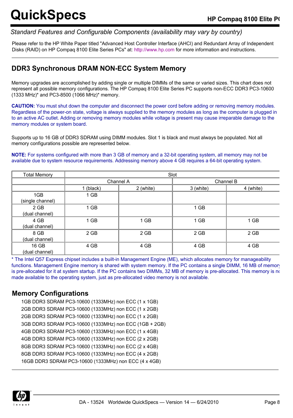 Quickspecs | HP ELITE 8100 User Manual | Page 8 / 54