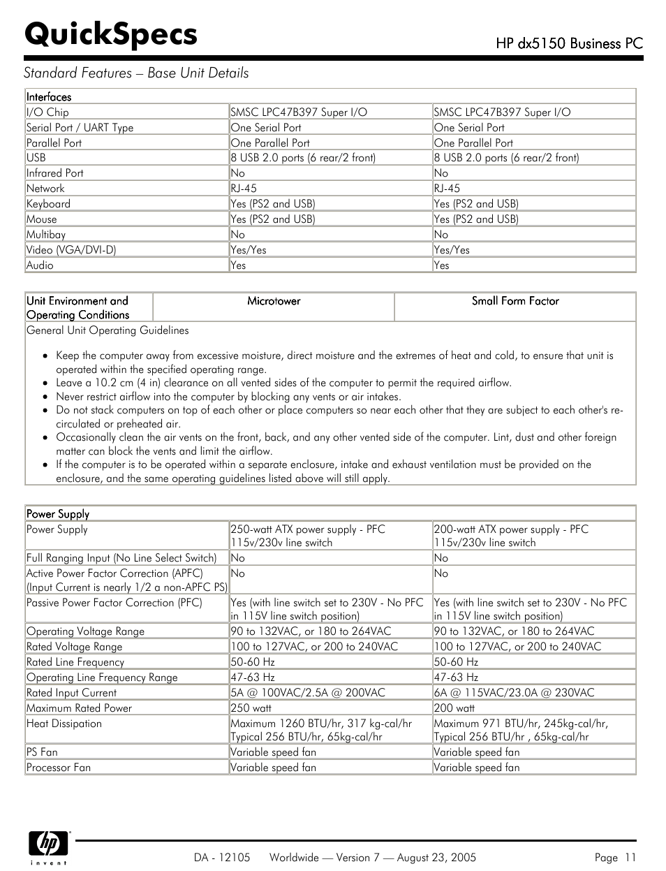 Quickspecs, Hp dx5150 business pc | HP dx5150 User Manual | Page 11 / 42