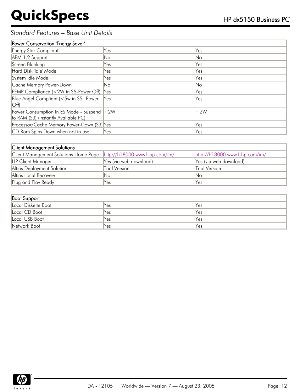 Quickspecs, Hp dx5150 business pc | HP dx5150 User Manual | Page 12 / 42