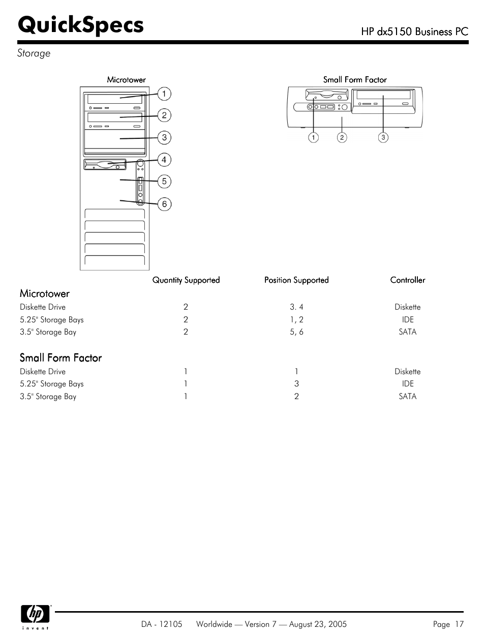 Storage, Quickspecs, Microtower | Small form factor, Hp dx5150 business pc, Hp dx5150 business pc storage | HP dx5150 User Manual | Page 17 / 42