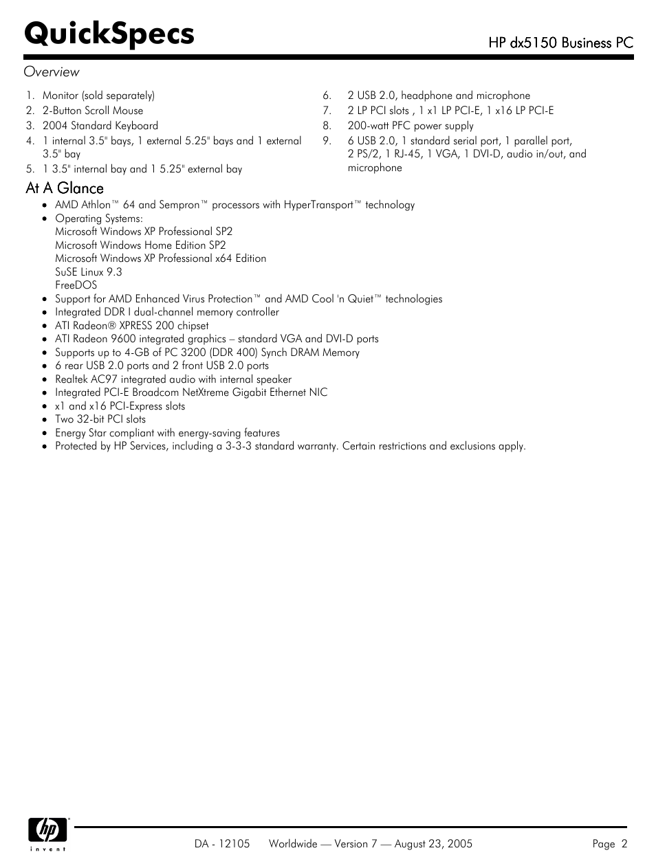 Quickspecs | HP dx5150 User Manual | Page 2 / 42