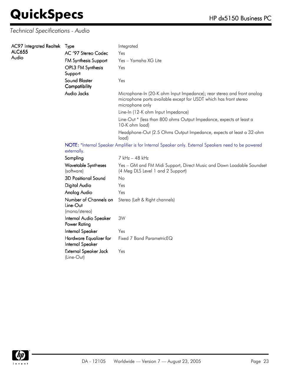 Technical specifications - audio, Quickspecs, Hp dx5150 business pc | HP dx5150 User Manual | Page 23 / 42