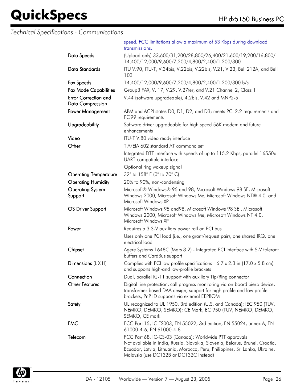 Quickspecs, Hp dx5150 business pc | HP dx5150 User Manual | Page 26 / 42