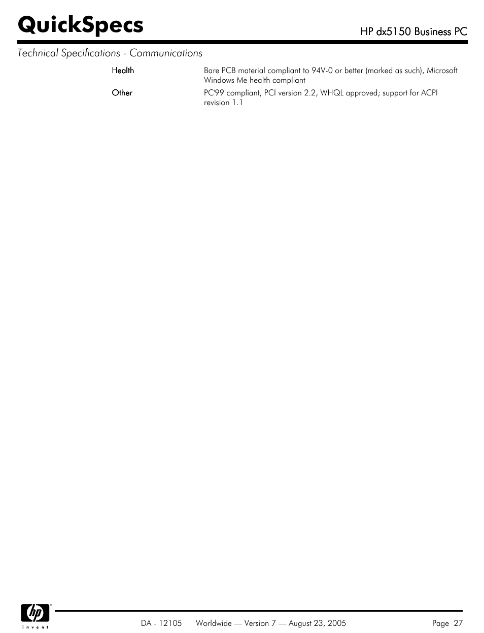 Quickspecs | HP dx5150 User Manual | Page 27 / 42